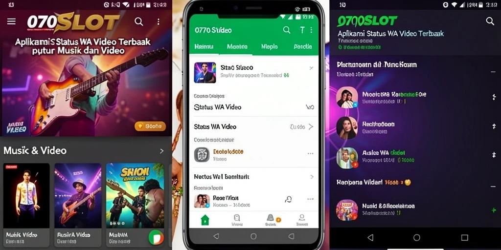 Screenshot utama 070SLOT menampilkan antarmuka aplikasi Status WA Video yang menarik.