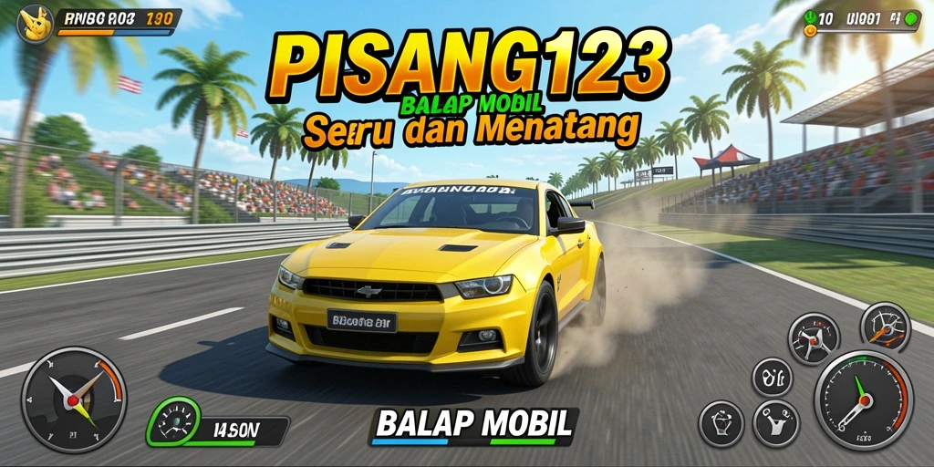 Antarmuka permainan PISANG123 dengan mobil balap yang beraksi.
